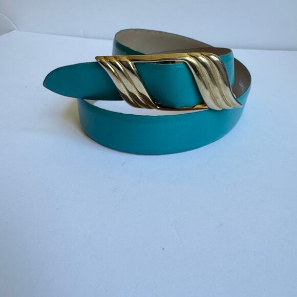 Vintage Women’s Italian Calfskin Teal Slide Belt Size L Gold Tone Clasp 80s 90s - Picture 1 of 6